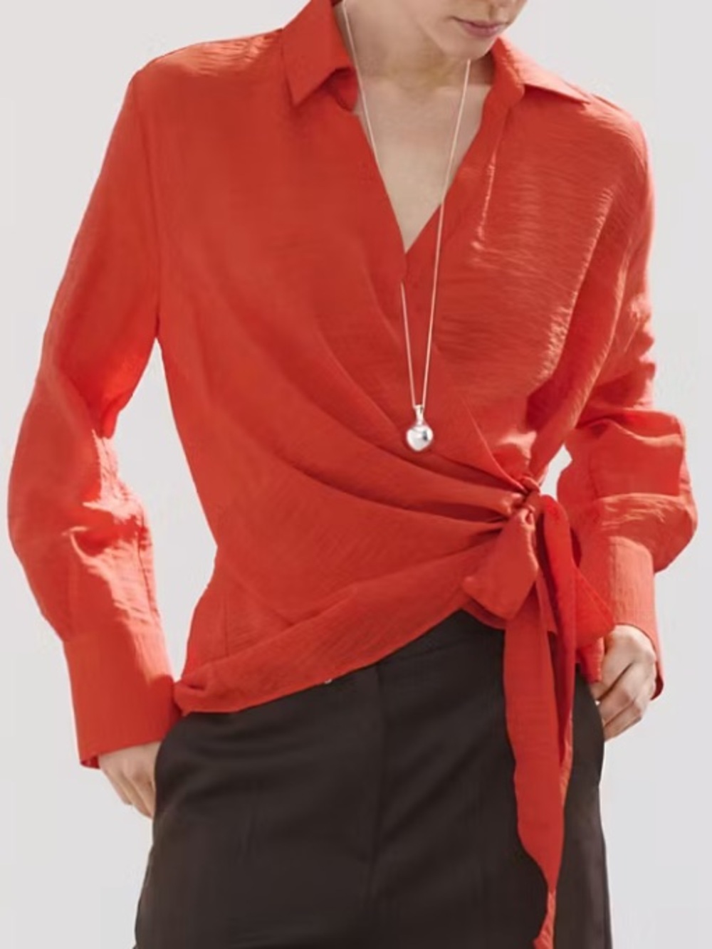 Mango Orange Red Wrap-Front Blouse with Self-Tie SHIRT WITH BOW DETAIL 7165